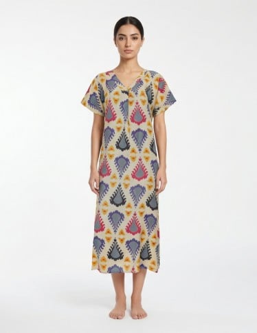 Modern Ikat-Print Jalabiya with Vibrant Geometric Patterns