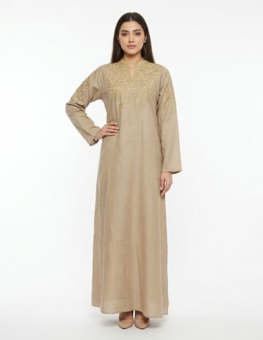 Elegant Beige Casual Jalabiya with Golden Star Embroidery