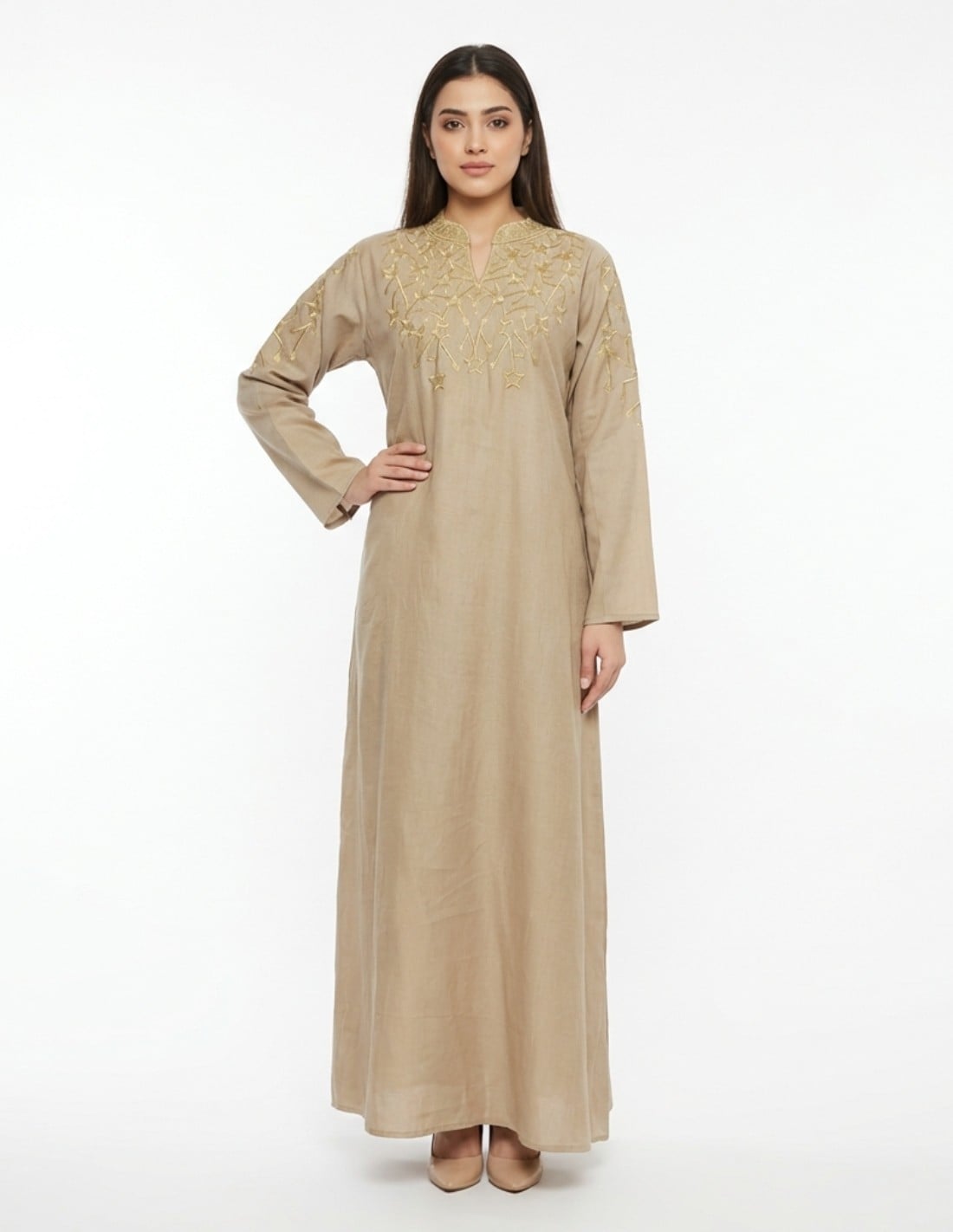 Elegant Beige Casual Jalabiya with Golden Star Embroidery