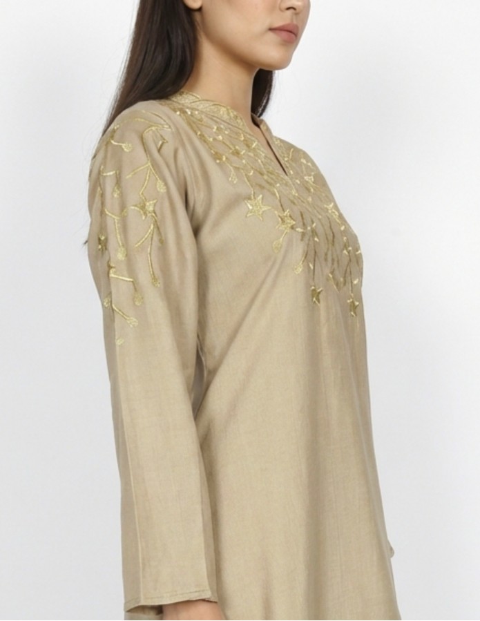 Elegant Beige Casual Jalabiya with Golden Star Embroidery
