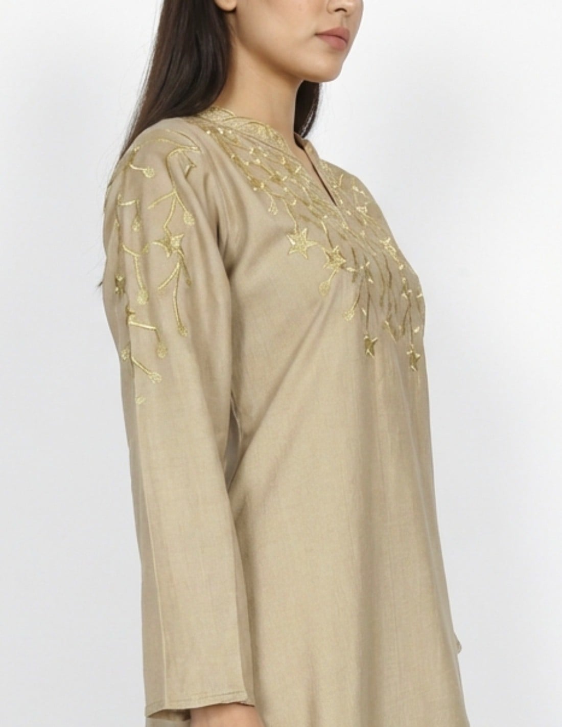 Elegant Beige Casual Jalabiya with Golden Star Embroidery
