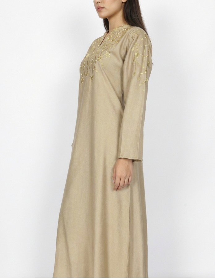 Elegant Beige Casual Jalabiya with Golden Star Embroidery