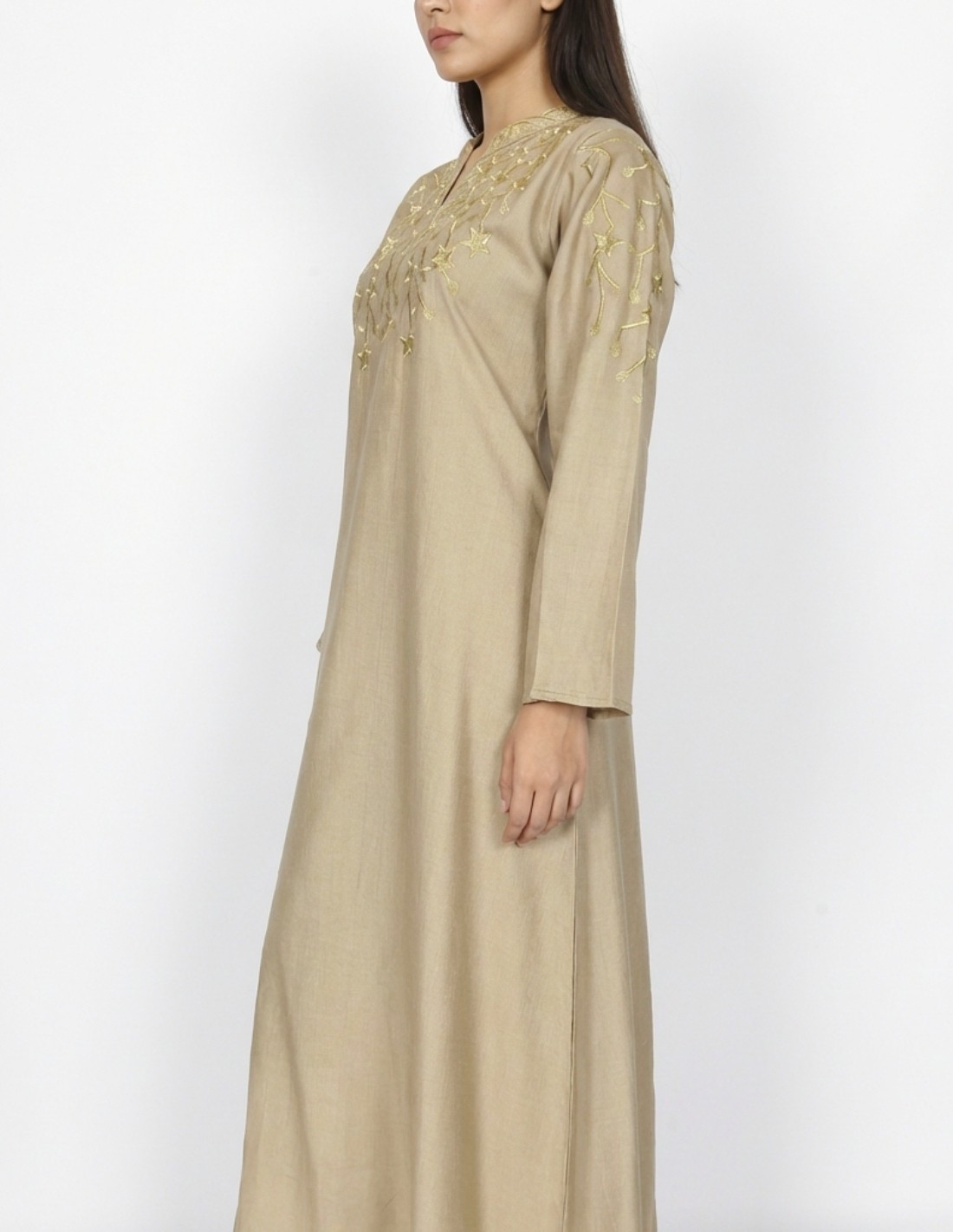 Elegant Beige Casual Jalabiya with Golden Star Embroidery