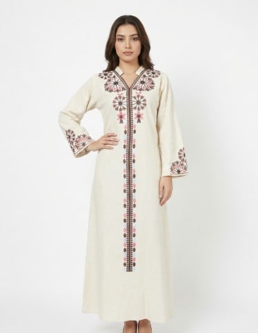 Modern Linen-Feel Jalabiya with Geometric Embroidery - Creamy White