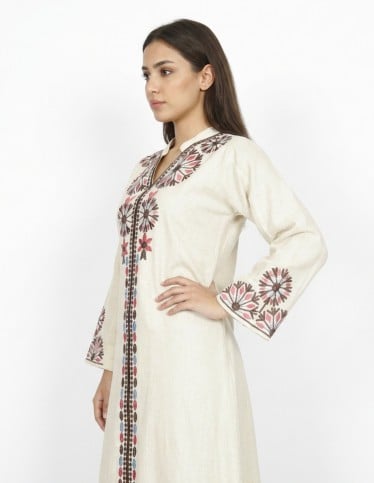 Modern Linen-Feel Jalabiya with Geometric Embroidery - Creamy White