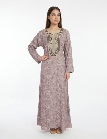 "Soft Orchid" Floral Jalabiya with Elegant Chest Embroidery