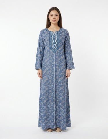 Floral Print Soft Jalabiya with Geometric Chest Embroidery