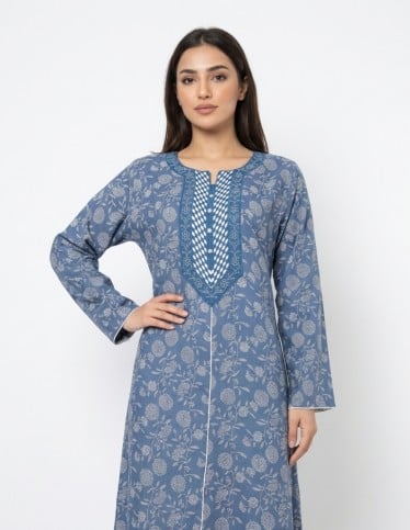 Floral Print Soft Jalabiya with Geometric Chest Embroidery