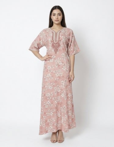 Soft Floral Jalabiya with Elegant Chest Embroidery