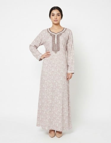 Light Grey Patterned Jalabiya with Classic Chest Embroidery