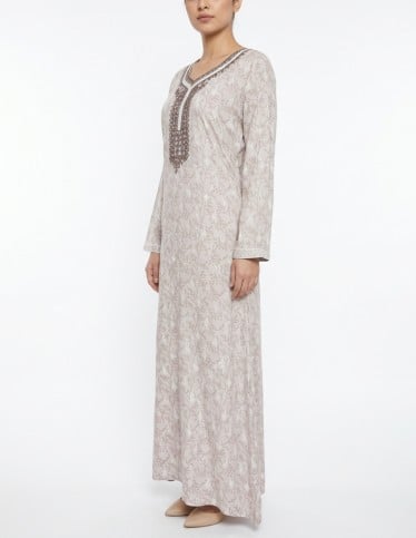 Light Grey Patterned Jalabiya with Classic Chest Embroidery