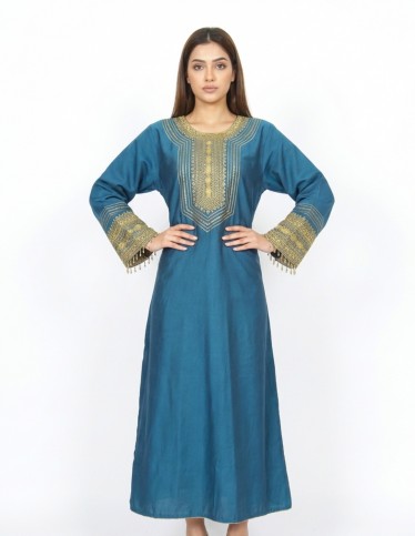 Elegant Petrol Blue Jalabiya with Royal Gold Embroidery