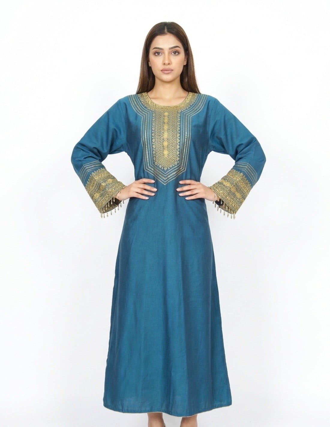 Elegant Petrol Blue Jalabiya with Royal Gold Embroidery