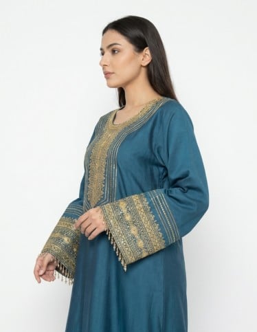 Elegant Petrol Blue Jalabiya with Royal Gold Embroidery