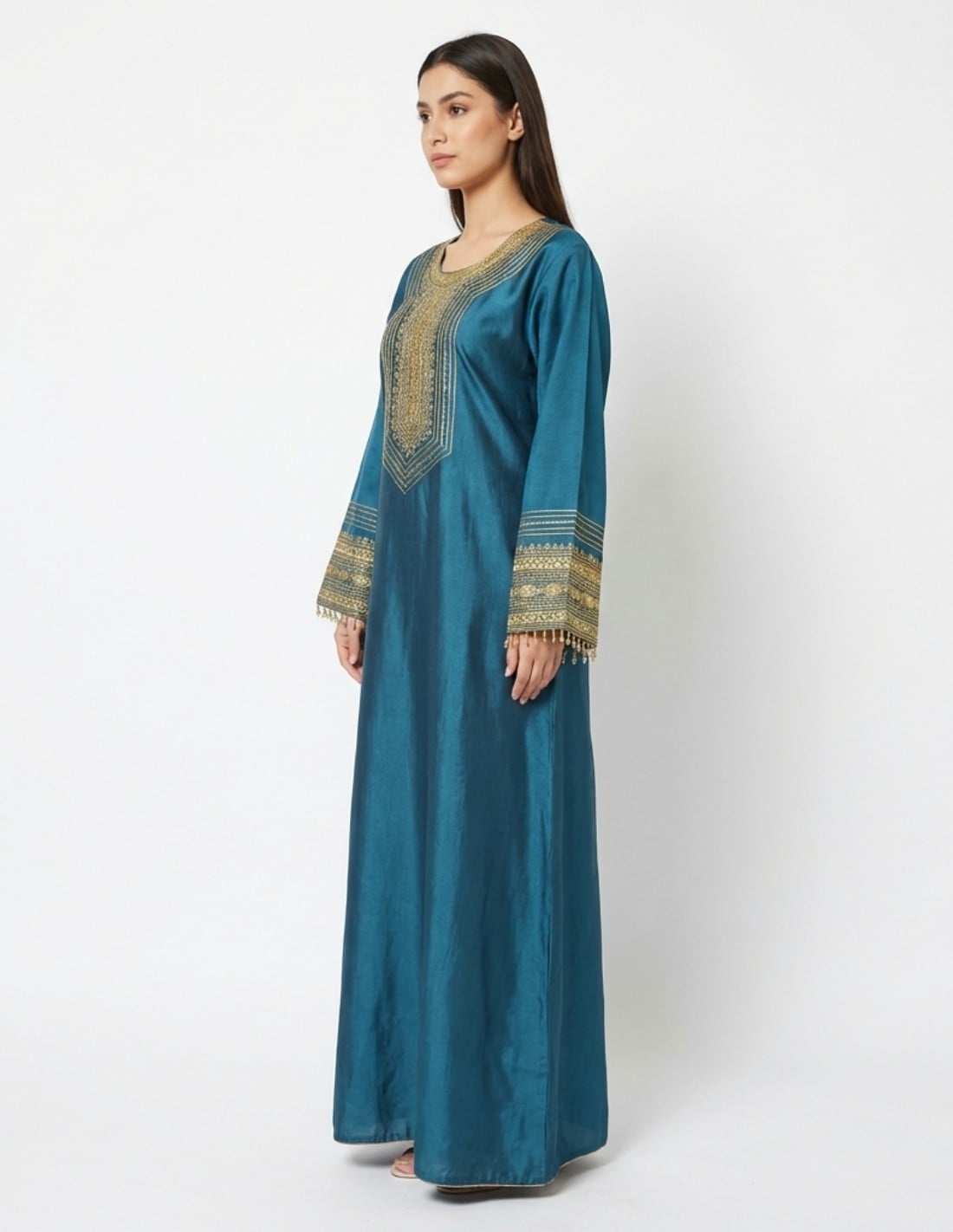 Elegant Petrol Blue Jalabiya with Royal Gold Embroidery