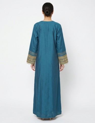 Elegant Petrol Blue Jalabiya with Royal Gold Embroidery