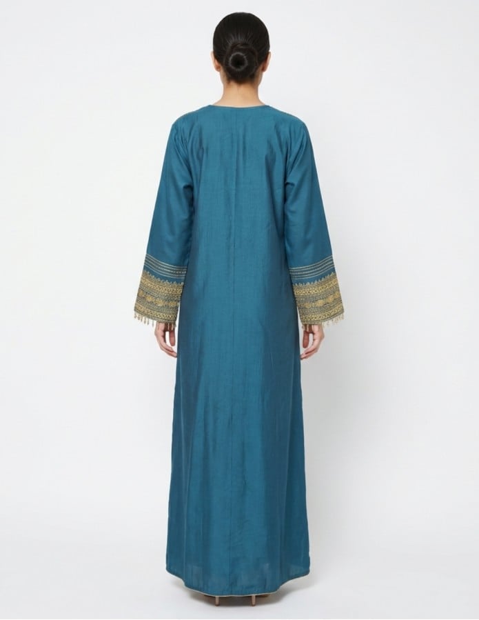 Elegant Petrol Blue Jalabiya with Royal Gold Embroidery