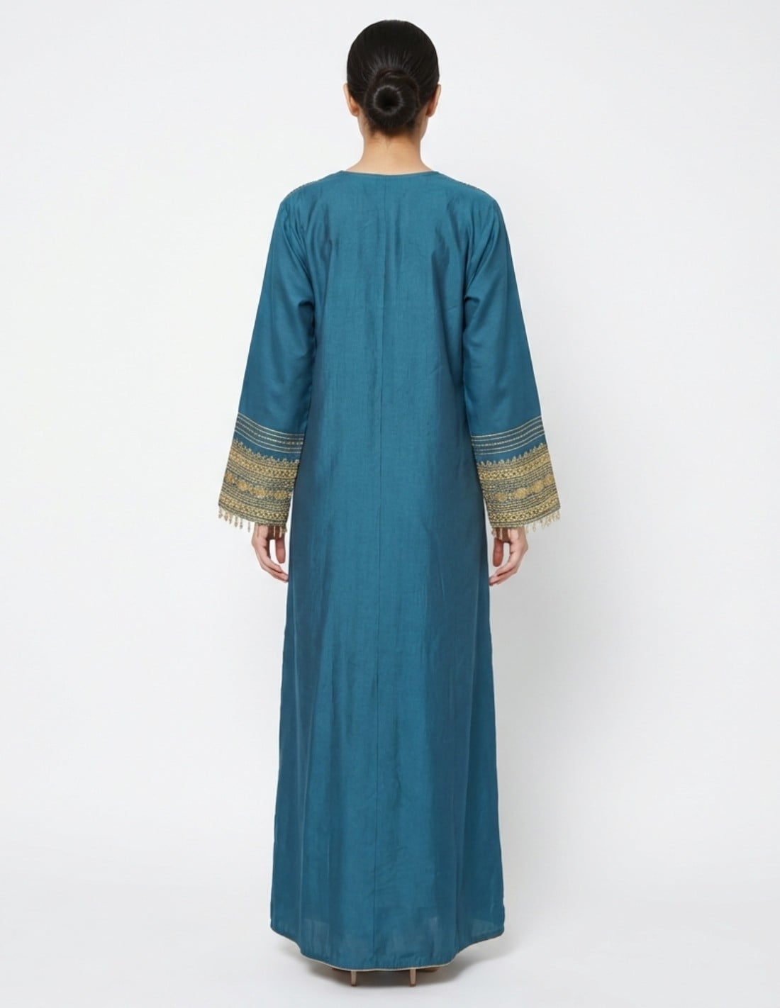 Elegant Petrol Blue Jalabiya with Royal Gold Embroidery