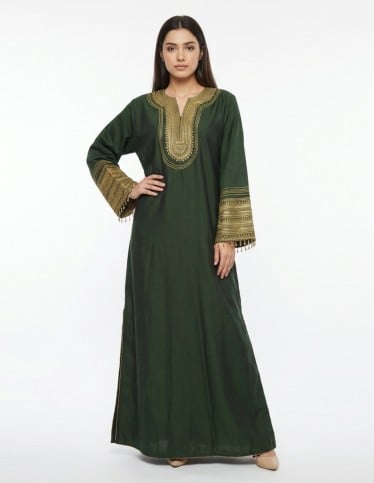 Royal Green Occasion Jalabiya with Golden Embroidery