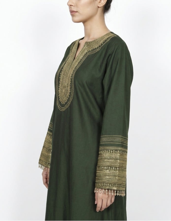 Royal Green Occasion Jalabiya with Golden Embroidery