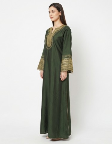 Royal Green Occasion Jalabiya with Golden Embroidery