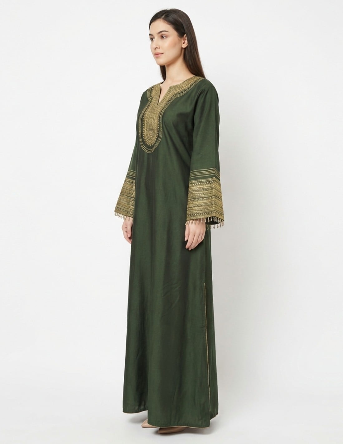 Royal Green Occasion Jalabiya with Golden Embroidery