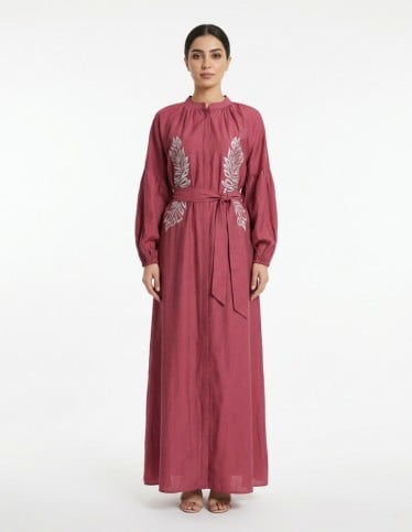 Royal Raspberry Jalabiya with Silver Embroidery and Bishop Sleeves
