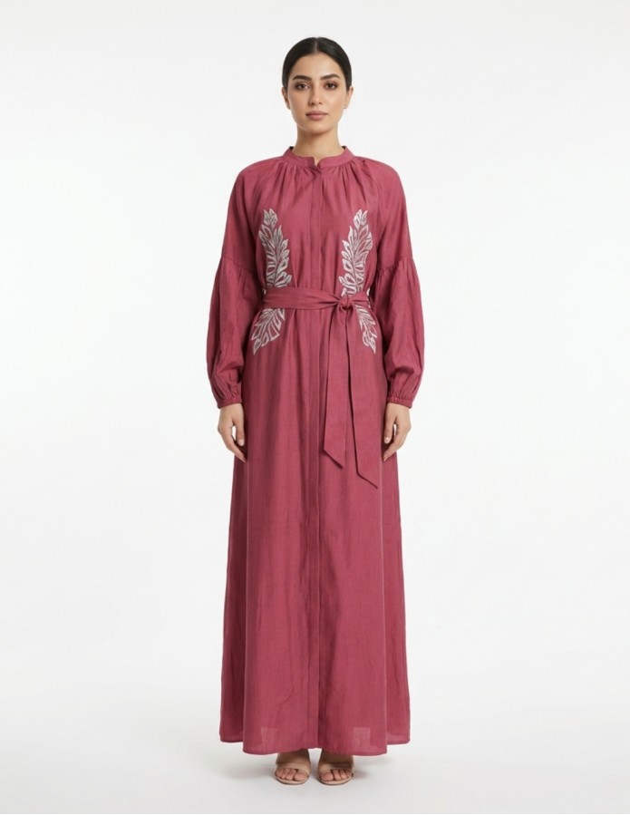 Royal Raspberry Jalabiya with Silver Embroidery and Bishop Sleeves