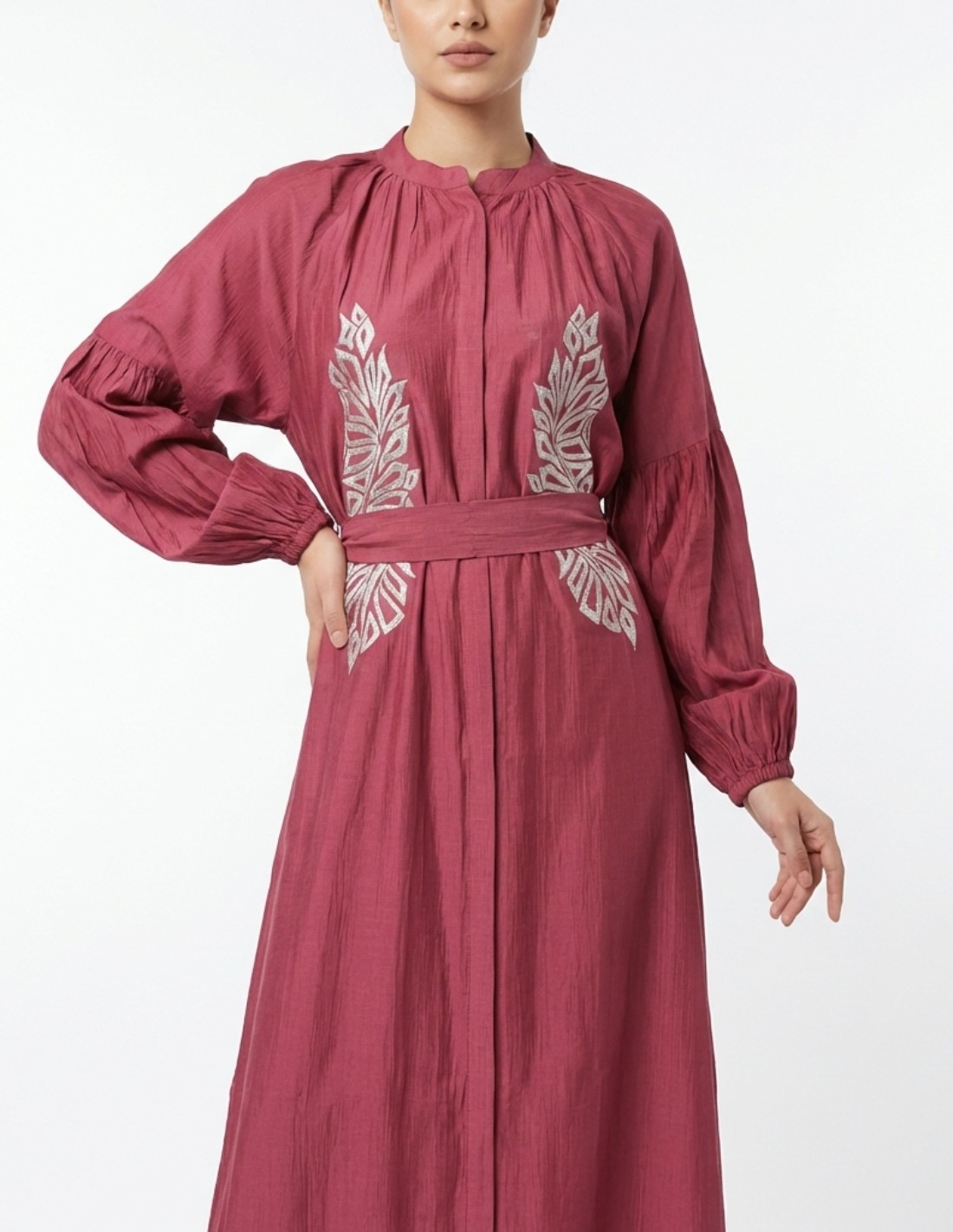 Royal Raspberry Jalabiya with Silver Embroidery and Bishop Sleeves