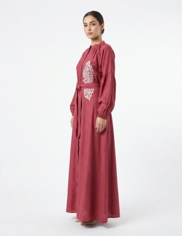 Royal Raspberry Jalabiya with Silver Embroidery and Bishop Sleeves