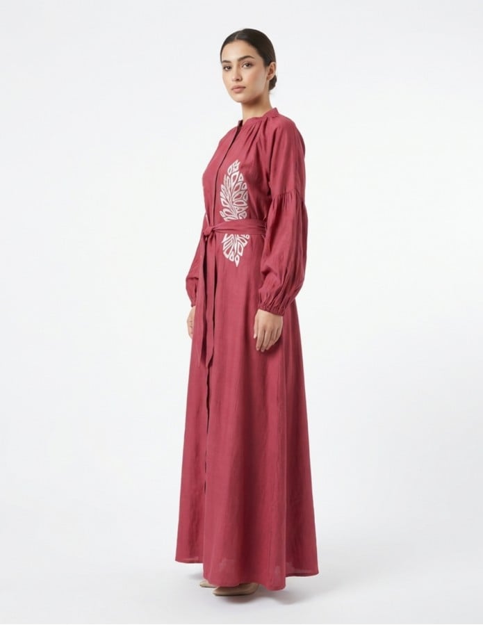 Royal Raspberry Jalabiya with Silver Embroidery and Bishop Sleeves