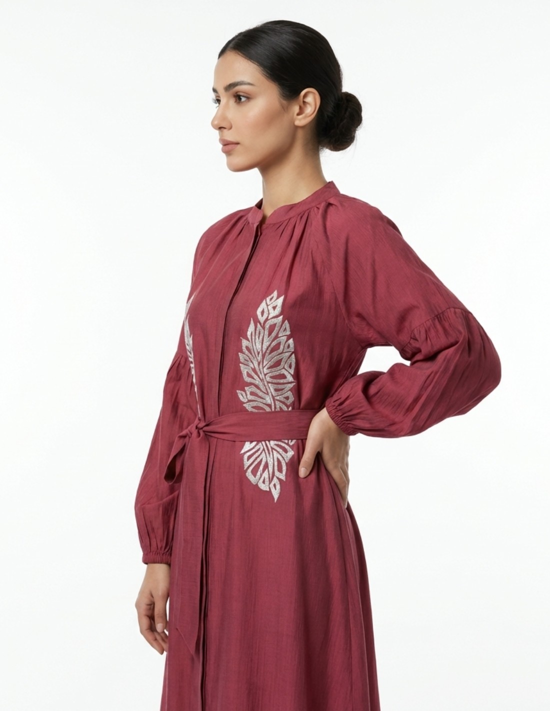 Royal Raspberry Jalabiya with Silver Embroidery and Bishop Sleeves