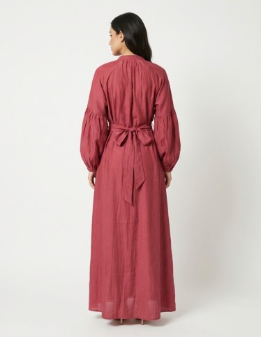 Royal Raspberry Jalabiya with Silver Embroidery and Bishop Sleeves
