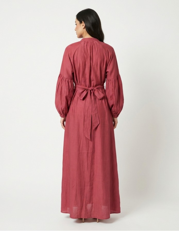 Royal Raspberry Jalabiya with Silver Embroidery and Bishop Sleeves