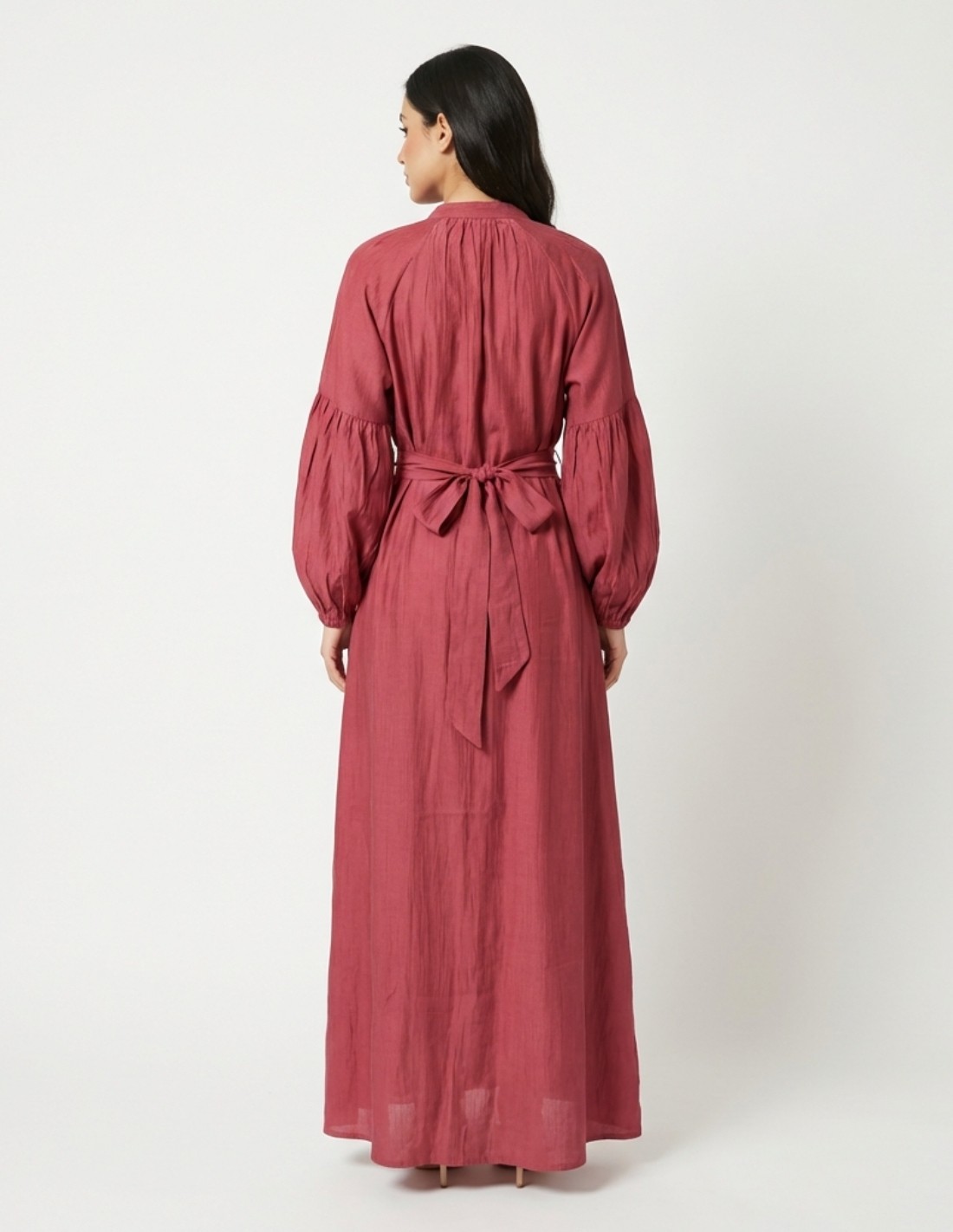 Royal Raspberry Jalabiya with Silver Embroidery and Bishop Sleeves