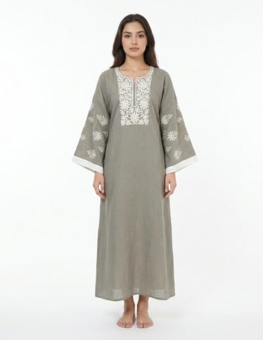 Olive-Grey Linen-Look Jalabiya with White Floral Embroidery