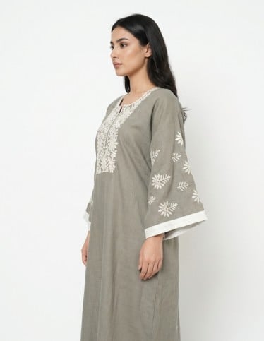 Olive-Grey Linen-Look Jalabiya with White Floral Embroidery
