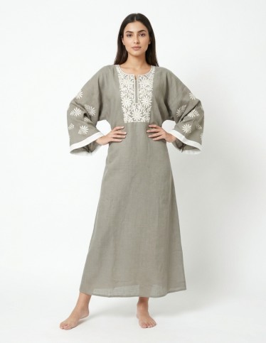 Olive-Grey Linen-Look Jalabiya with White Floral Embroidery