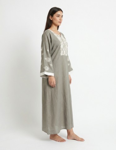 Olive-Grey Linen-Look Jalabiya with White Floral Embroidery