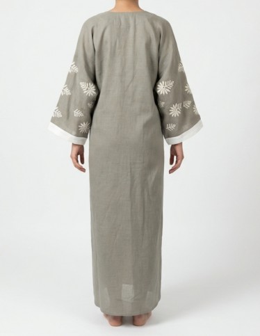 Olive-Grey Linen-Look Jalabiya with White Floral Embroidery