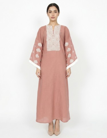 Warm Coffee Casual Jalabiya with White Floral Embroidery