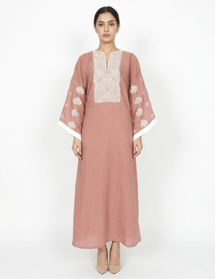 Warm Coffee Casual Jalabiya with White Floral Embroidery