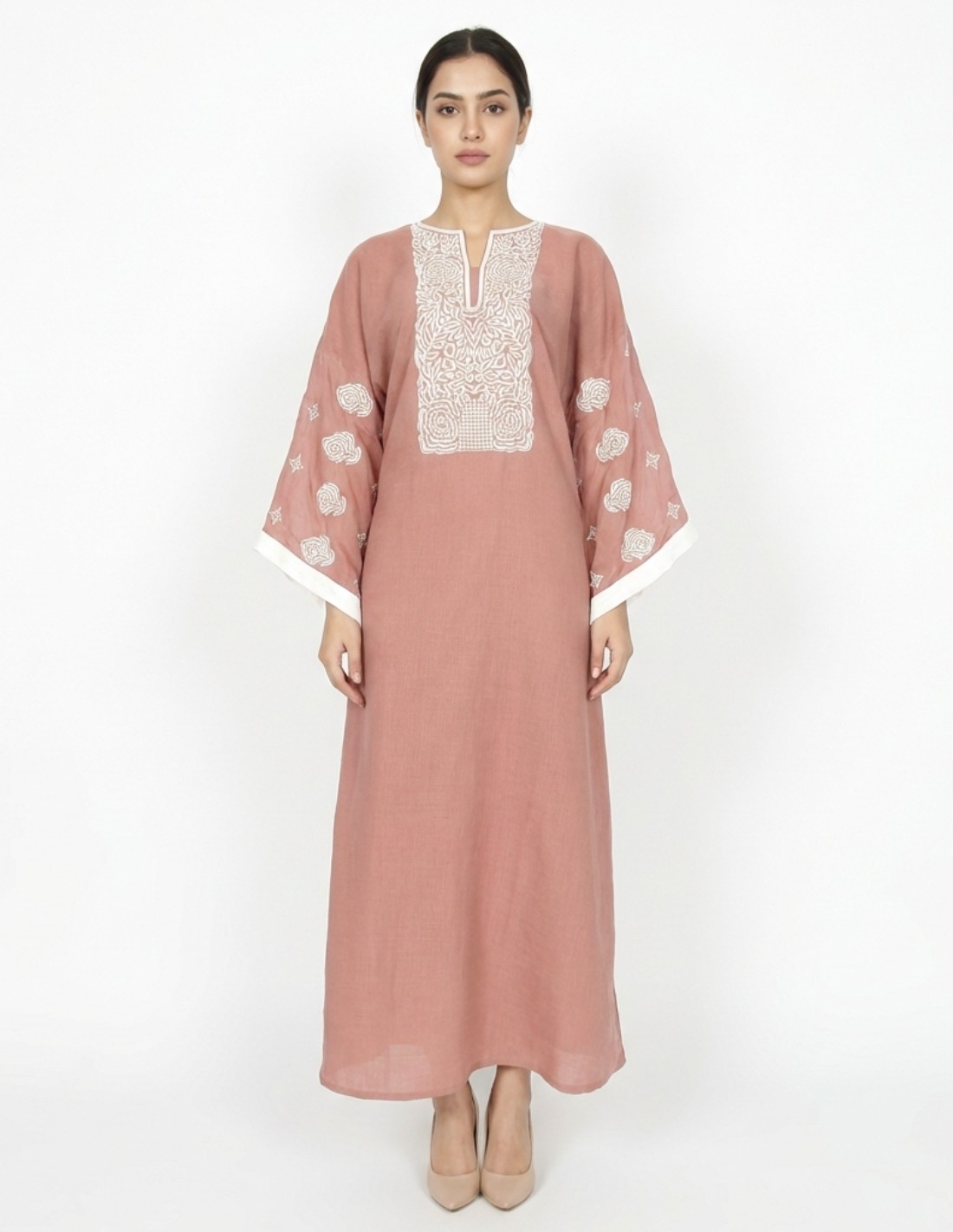 Warm Coffee Casual Jalabiya with White Floral Embroidery