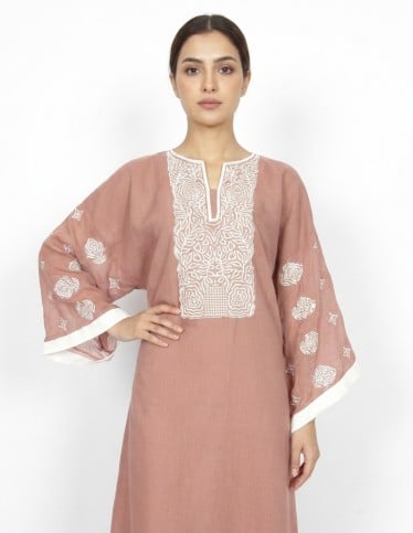 Warm Coffee Casual Jalabiya with White Floral Embroidery