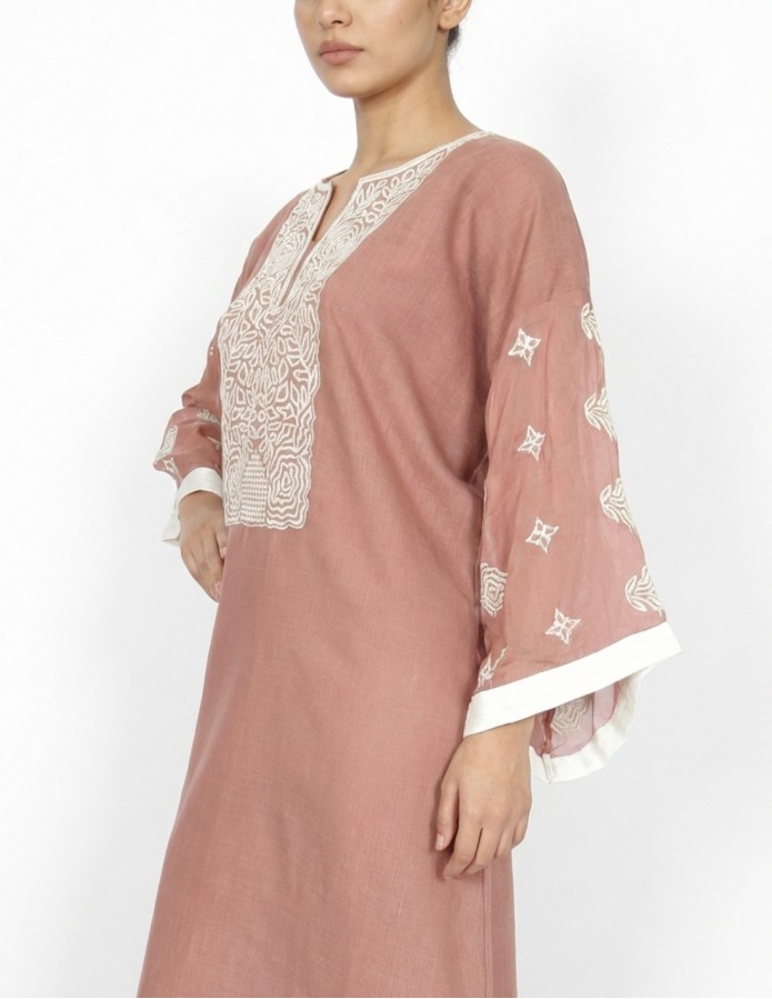 Warm Coffee Casual Jalabiya with White Floral Embroidery