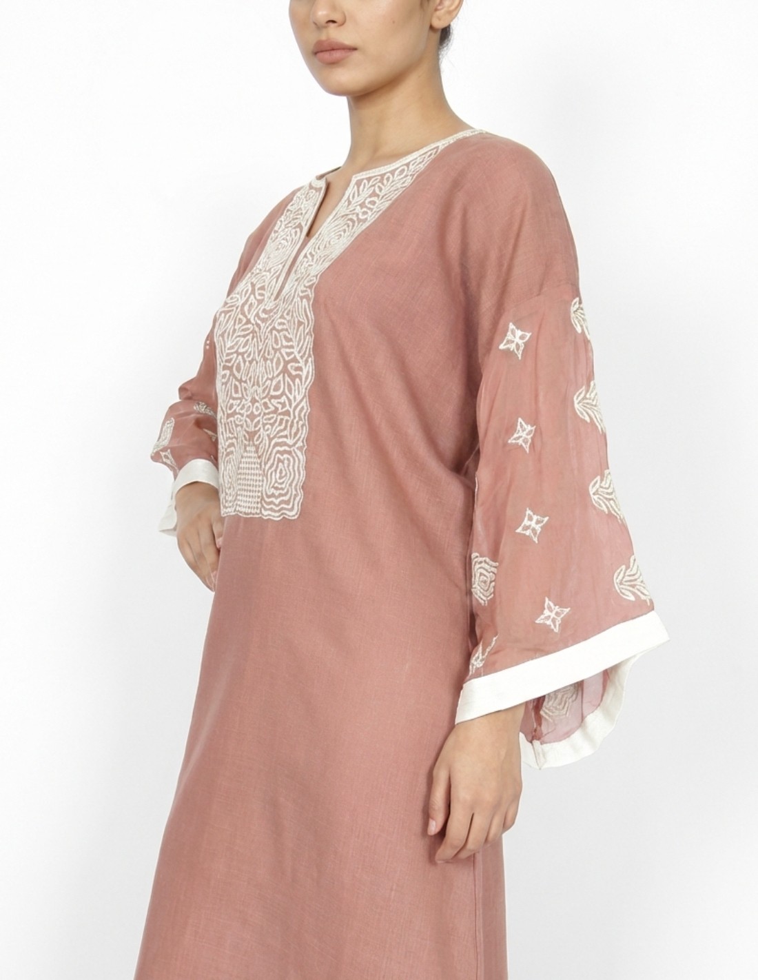 Warm Coffee Casual Jalabiya with White Floral Embroidery