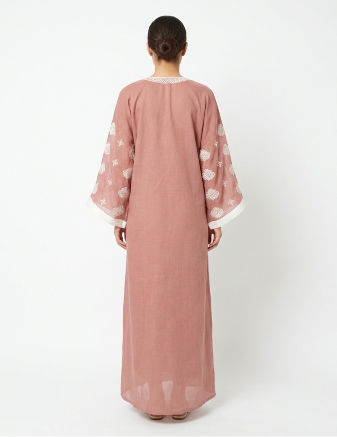 Warm Coffee Casual Jalabiya with White Floral Embroidery