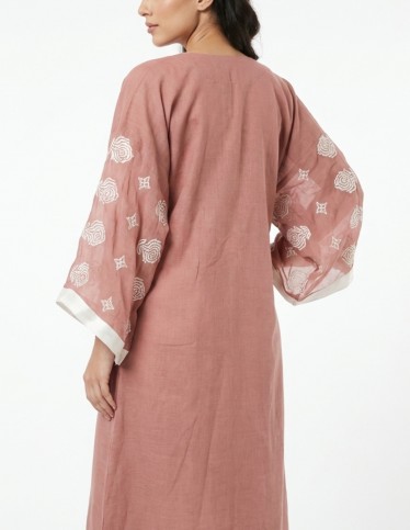 Warm Coffee Casual Jalabiya with White Floral Embroidery