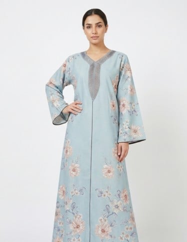 Casual Floral Linen Jalabiya with Geometric Embroidery
