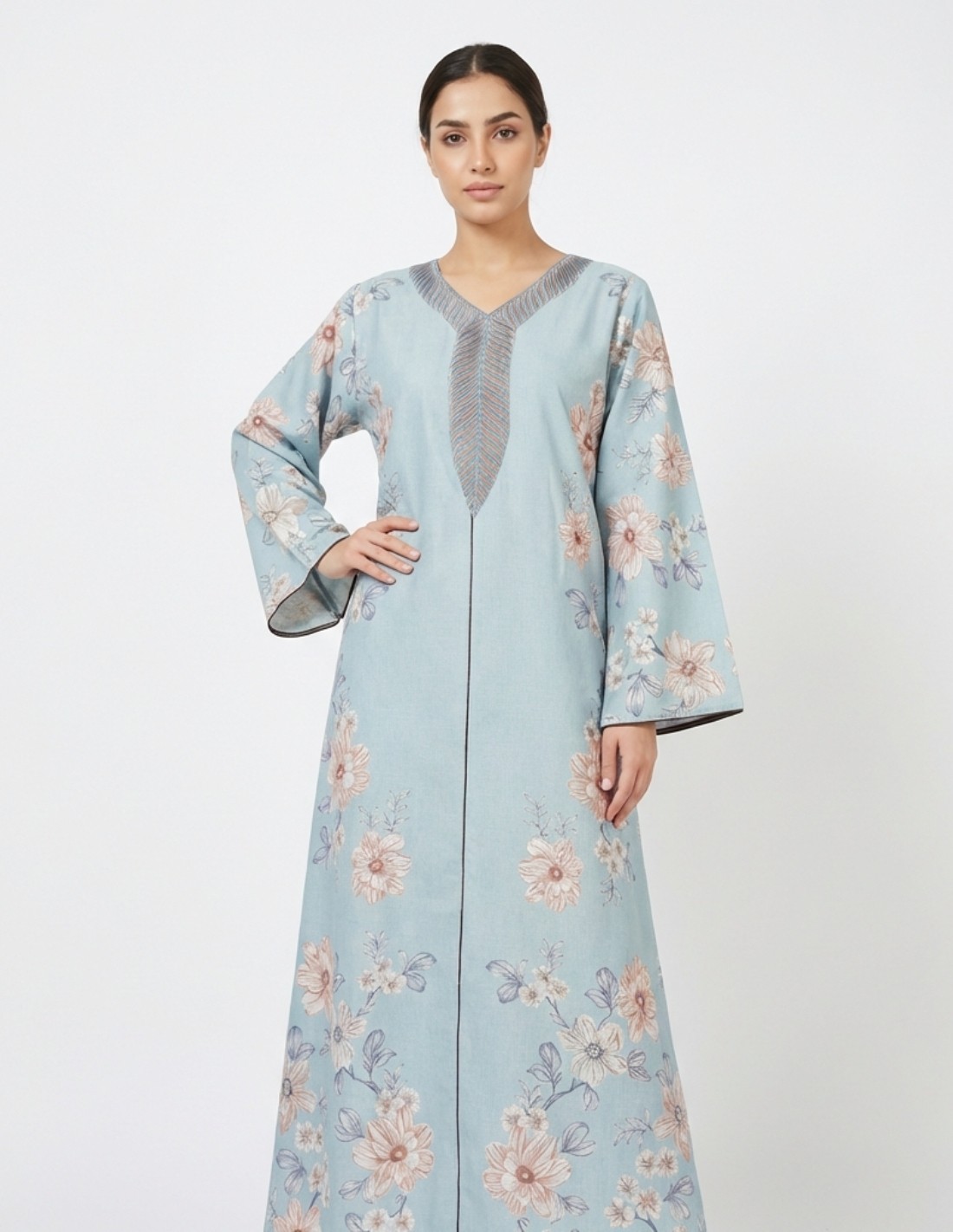 Casual Floral Linen Jalabiya with Geometric Embroidery